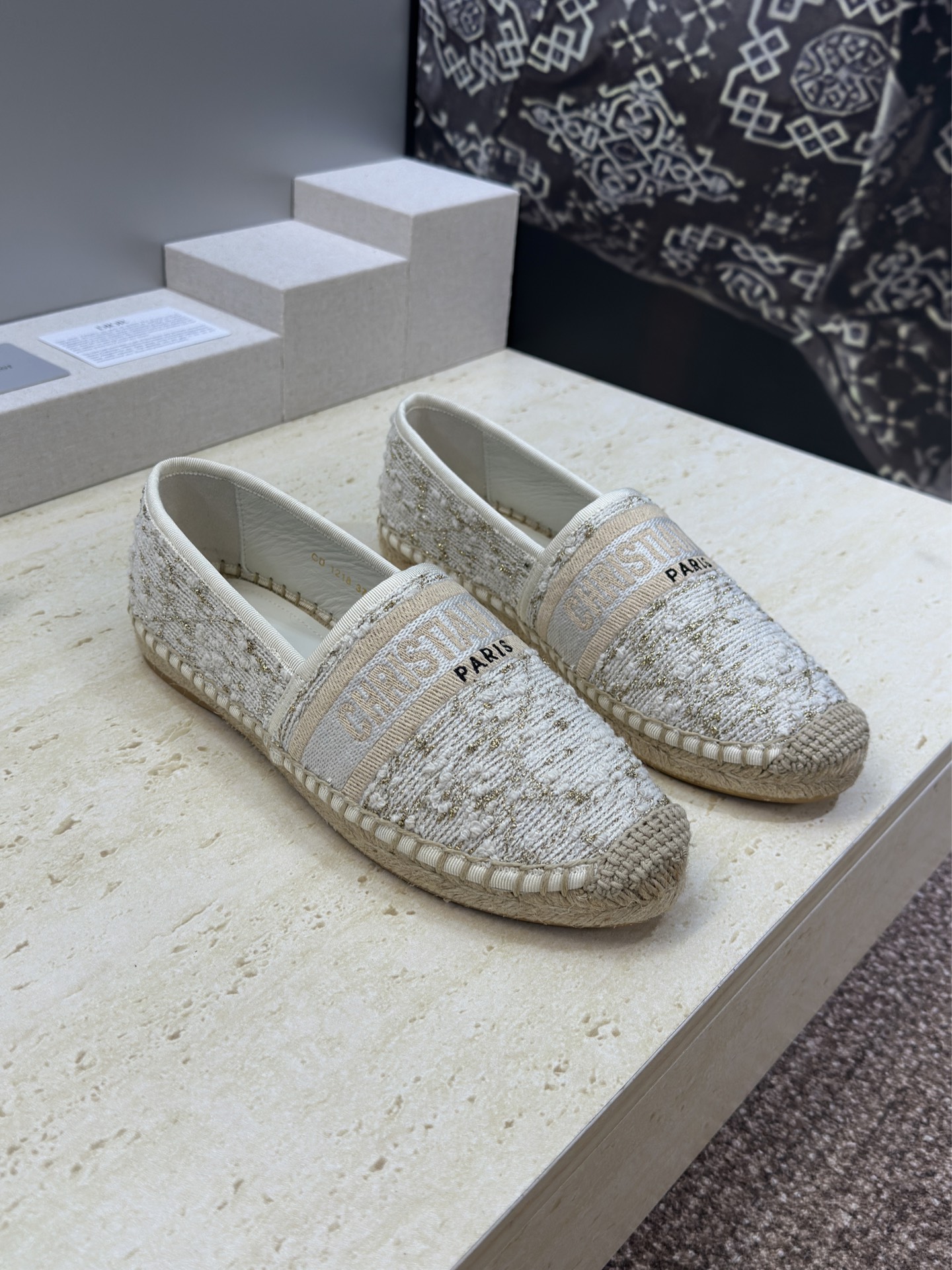 Bagsaaa D10r Granville Espadrille White Cannage Tweed and Gold-Tone Metallic Thread