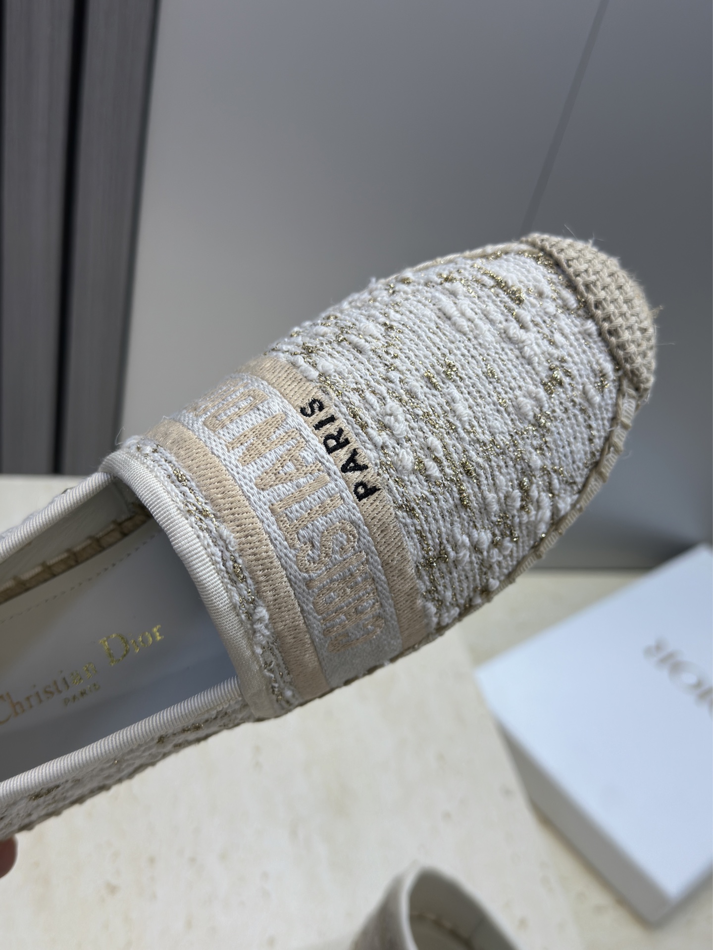 Bagsaaa D10r Granville Espadrille White Cannage Tweed and Gold-Tone Metallic Thread