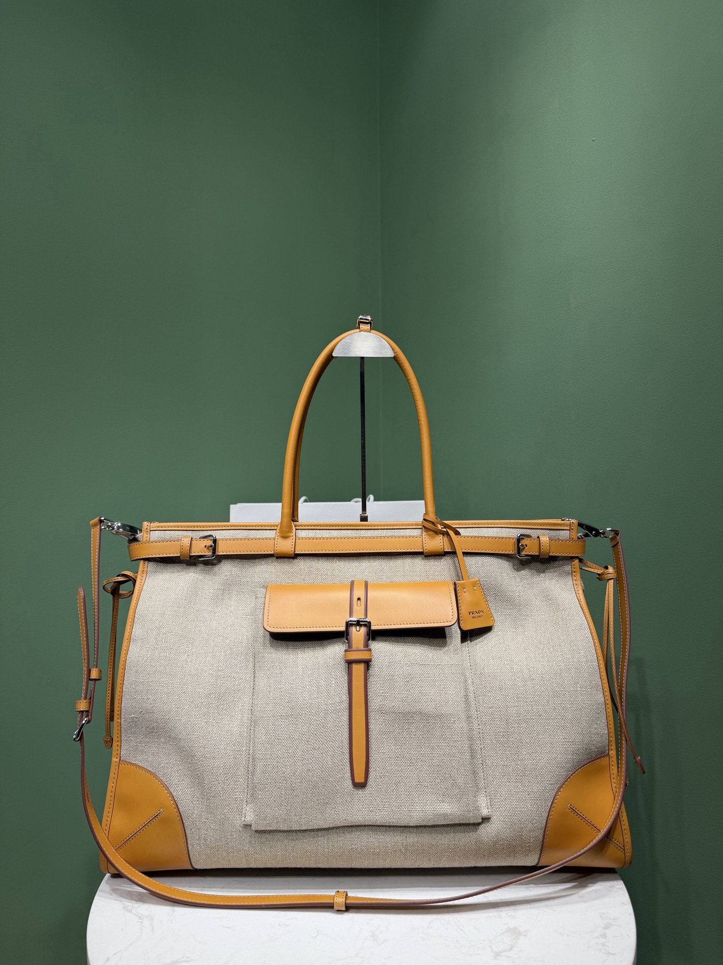Bagsaaa Pra*a Bonnie linen and leather tote bag 2VG128 - 50cm
