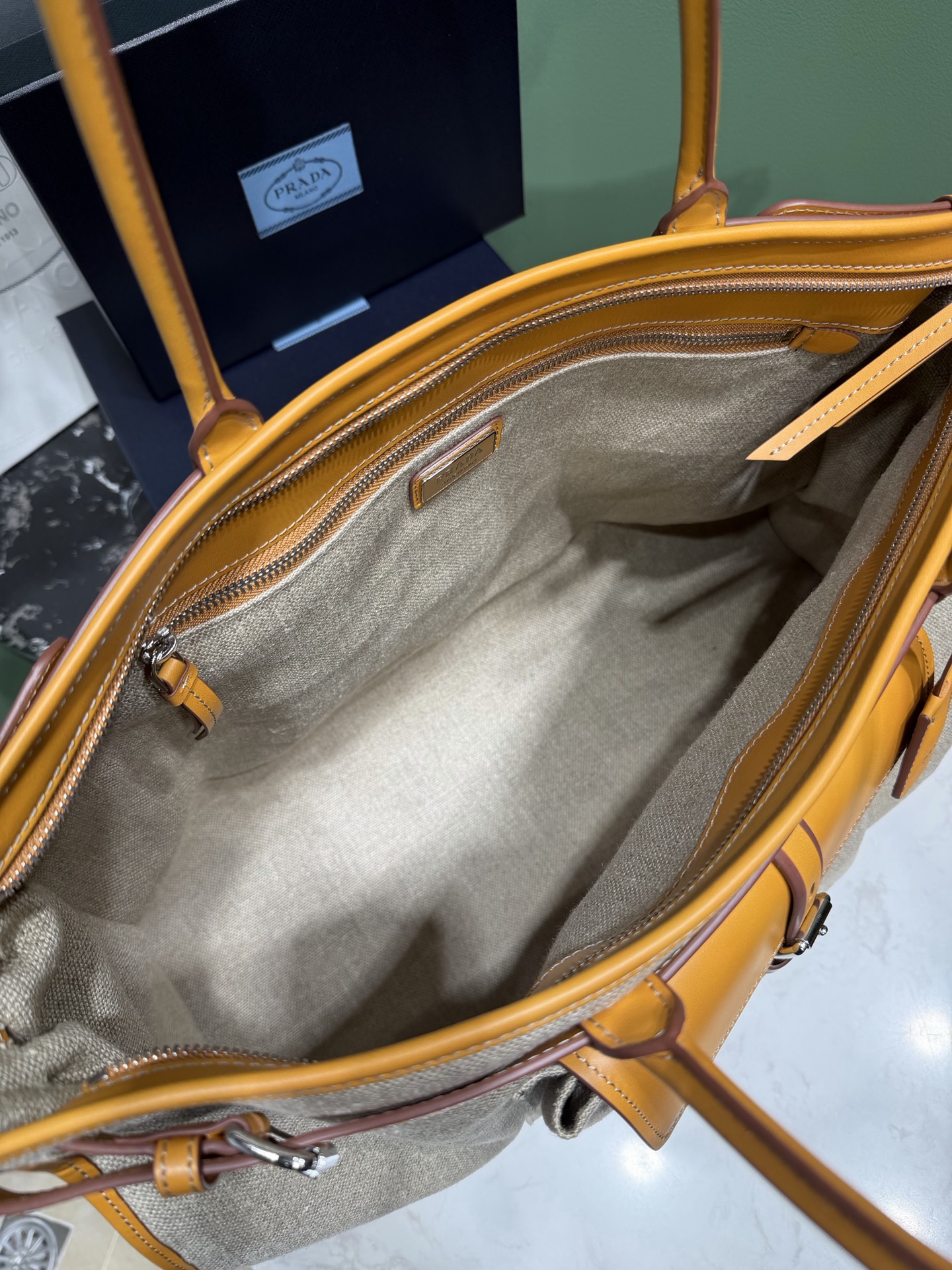 Bagsaaa Pra*a Bonnie linen and leather tote bag 2VG128 - 50cm