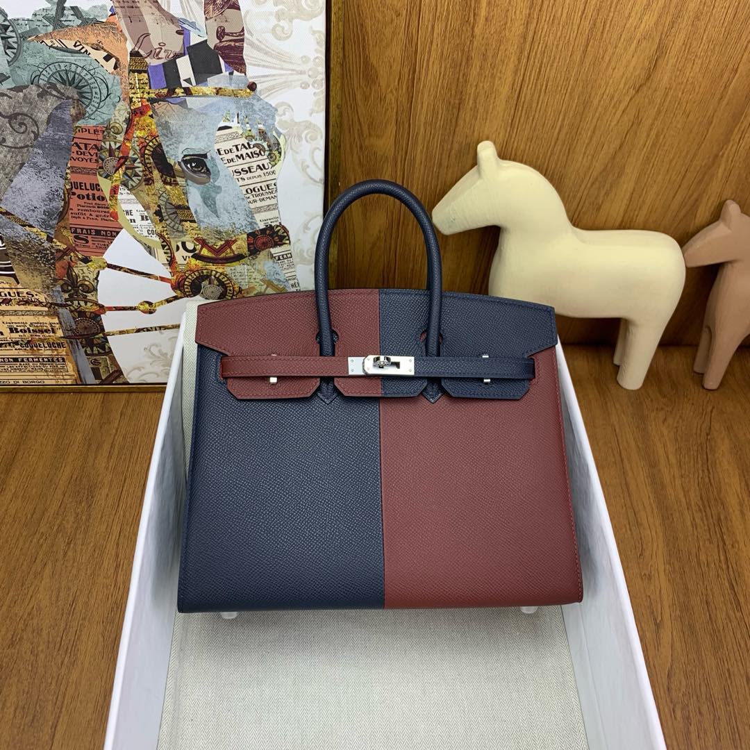 Bagsaaa H**me5 Birkin in Bleu Indigo and Rouge Sellier Epsom - 25cm